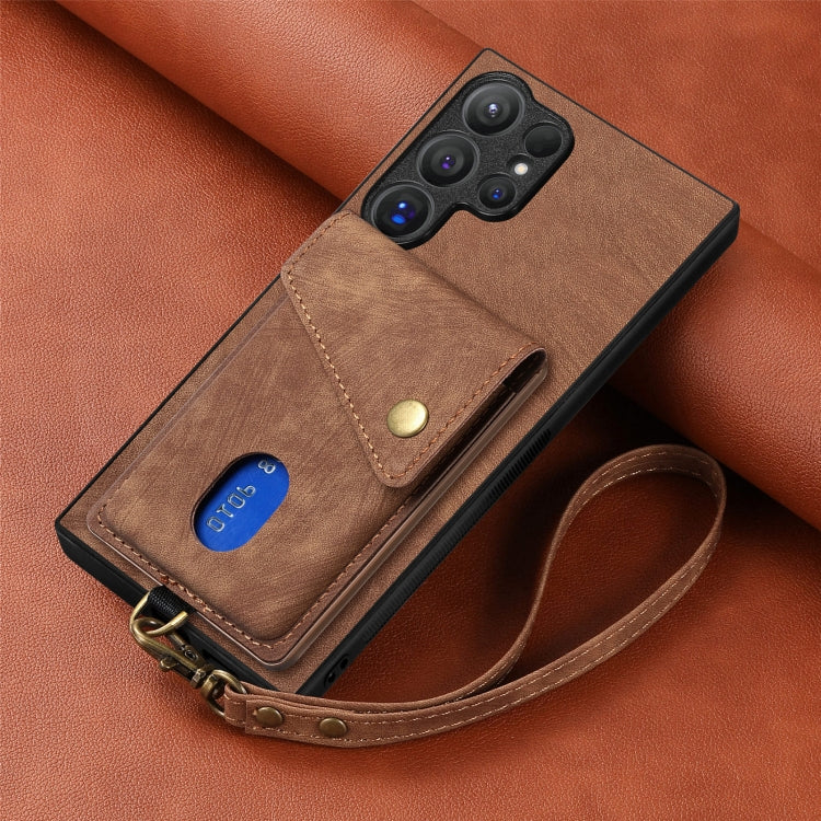 For Samsung Galaxy S25 Ultra 5G Retro Card Wallet Fold Leather Phone Case with Strap(Brown) - Galaxy S25 Ultra 5G Cases by PMC TechLife | Online Shopping South Africa | PMC TechLife | Buy Now Pay Later Mobicred