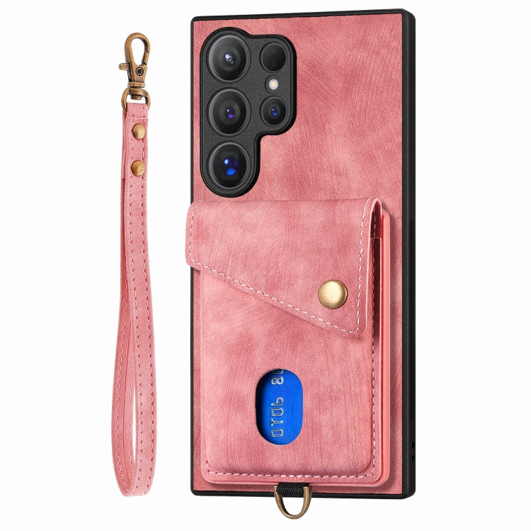 For Samsung Galaxy S25 Ultra 5G Retro Card Wallet Fold Leather Phone Case with Strap(Pink) - Galaxy S25 Ultra 5G Cases by PMC TechLife | Online Shopping South Africa | PMC TechLife | Buy Now Pay Later Mobicred