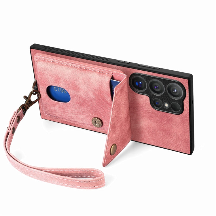 For Samsung Galaxy S25 Ultra 5G Retro Card Wallet Fold Leather Phone Case with Strap(Pink) - Galaxy S25 Ultra 5G Cases by PMC TechLife | Online Shopping South Africa | PMC TechLife | Buy Now Pay Later Mobicred