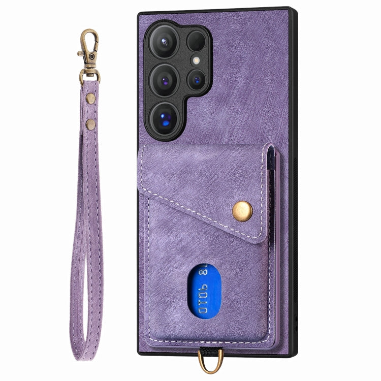 For Samsung Galaxy S25 Ultra 5G Retro Card Wallet Fold Leather Phone Case with Strap(Purple) - free shipping - PMC TechLife - Order now!