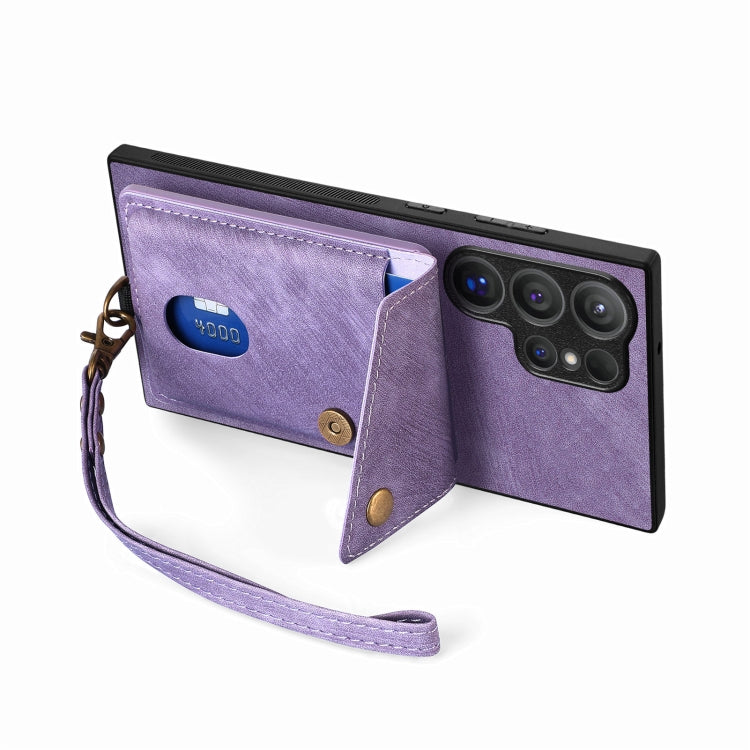 For Samsung Galaxy S25 Ultra 5G Retro Card Wallet Fold Leather Phone Case with Strap(Purple) - free shipping - PMC TechLife - Order now!