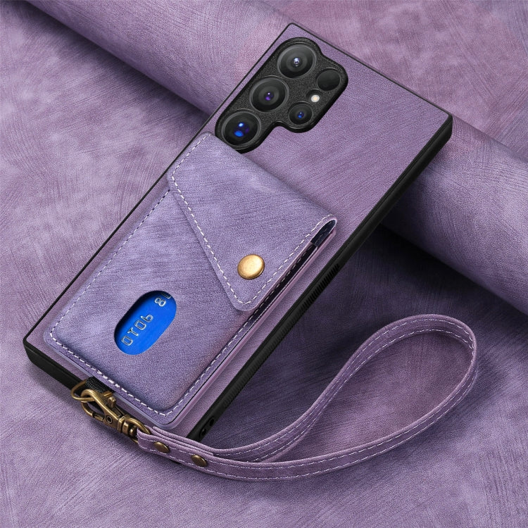 For Samsung Galaxy S25 Ultra 5G Retro Card Wallet Fold Leather Phone Case with Strap(Purple) - free shipping - PMC TechLife - Order now!