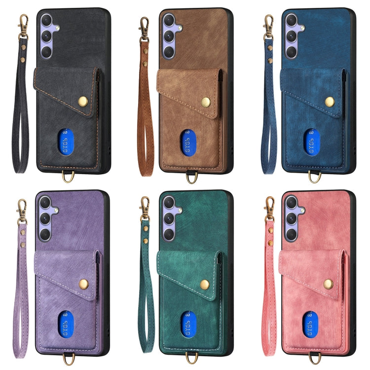 For Samsung Galaxy S25 5G Retro Card Wallet Fold Leather Phone Case with Strap(Purple)