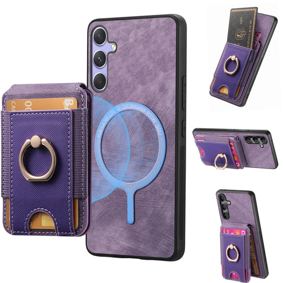 For Samsung Galaxy S25 5G Retro Splitable Magnetic Stand Card Bag Leather Phone Case(Purple)
