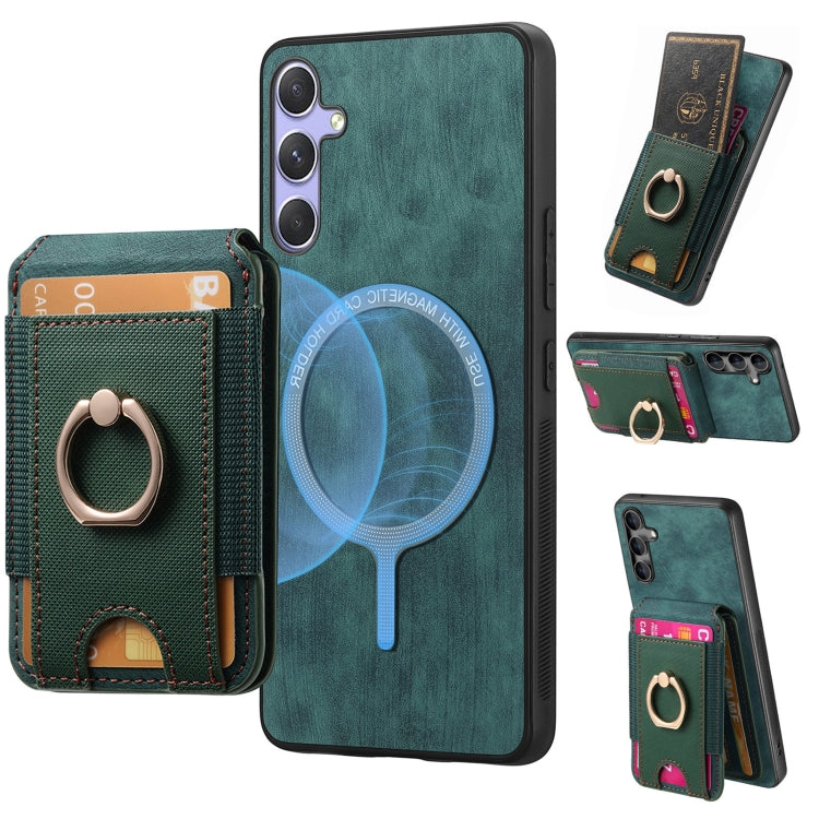 For Samsung Galaxy S25+ 5G Retro Splitable Magnetic Stand Card Bag Leather Phone Case(Green)