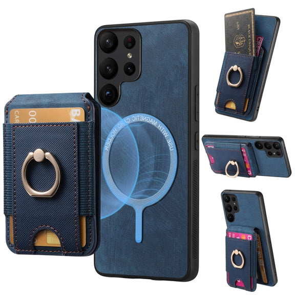 For Samsung Galaxy S25 Ultra 5G Retro Splitable Magnetic Stand Card Bag Leather Phone Case(Blue)