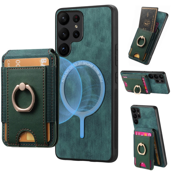 For Samsung Galaxy S25 Ultra 5G Retro Splitable Magnetic Stand Card Bag Leather Phone Case(Green)