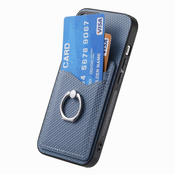 For Samsung Galaxy S25+ 5G Carbon Fiber Card Wallet Ring Phone Case(Blue)