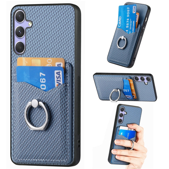 For Samsung Galaxy S25+ 5G Carbon Fiber Card Wallet Ring Phone Case(Blue)