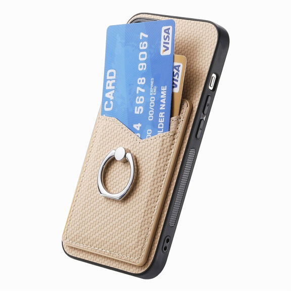 For Samsung Galaxy S25 Ultra 5G Carbon Fiber Card Wallet Ring Phone Case(Khaki)