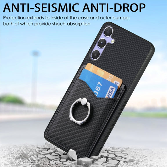 For Samsung Galaxy S25 5G Carbon Fiber Card Wallet Ring Phone Case(Black)
