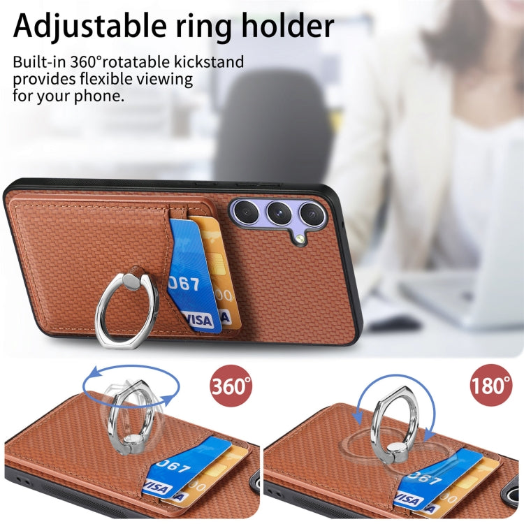 For Samsung Galaxy S25 Ultra 5G Carbon Fiber Card Wallet Ring Phone Case(Khaki)