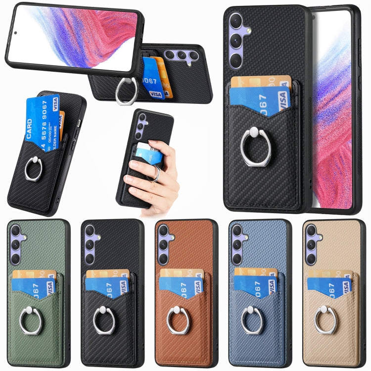 For Samsung Galaxy S25 Ultra 5G Carbon Fiber Card Wallet Ring Phone Case(Khaki)