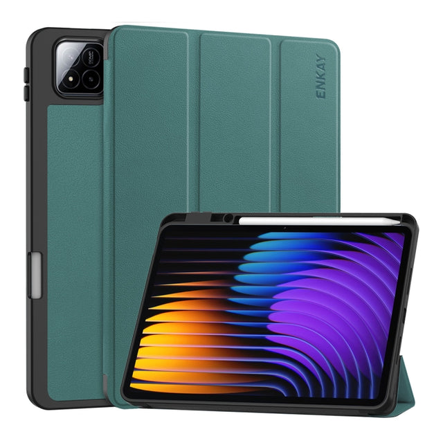 For Xiaomi Pad 7 / 7 Pro 11.2 ENKAY Tri-fold Custer Texture TPU Leather Smart Tablet Case with Pen Slot(Dark Green)