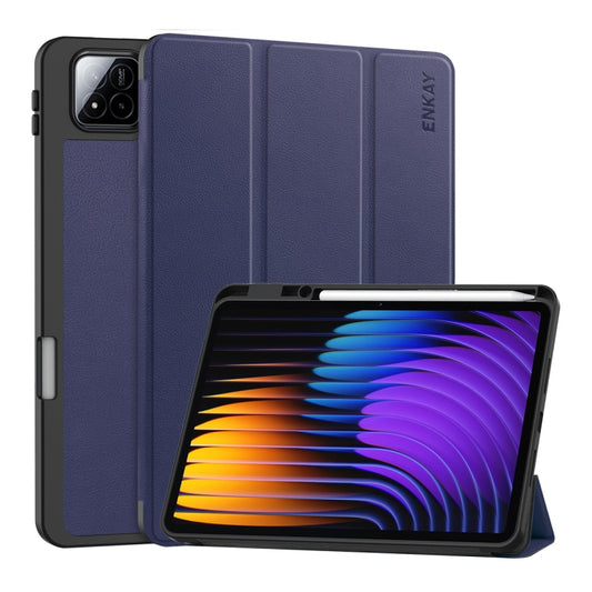 For Xiaomi Pad 7 / 7 Pro 11.2 ENKAY Tri-fold Custer Texture TPU Leather Smart Tablet Case with Pen Slot(Dark Blue) - free shipping - PMC Jewellery - Order now!