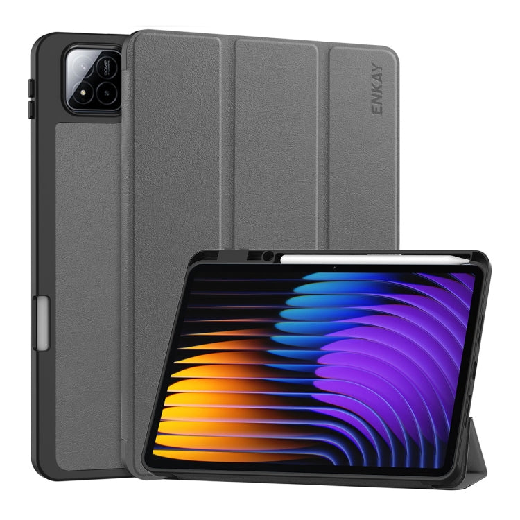 For Xiaomi Pad 7 / 7 Pro 11.2 ENKAY Tri-fold Custer Texture TPU Leather Smart Tablet Case with Pen Slot(Grey) - free shipping - PMc TechLife - Order now!