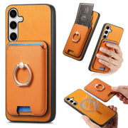 For Samsung Galaxy S25 5G Retro Cross Leather Ring Vertical Insert Card Bag MagSafe Phone Case(Yellow)