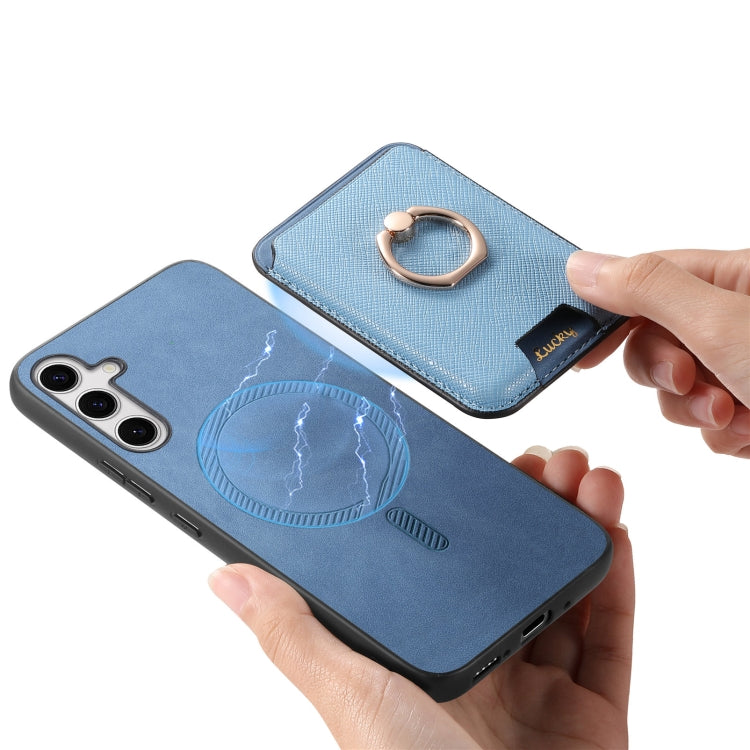 For Samsung Galaxy S25 5G Retro Cross Leather Ring Vertical Insert Card Bag MagSafe Phone Case(Blue) - Galaxy S25 5G Cases by PMC Jewellery | Online Shopping South Africa | PMC Jewellery | Buy Now Pay Later Mobicred