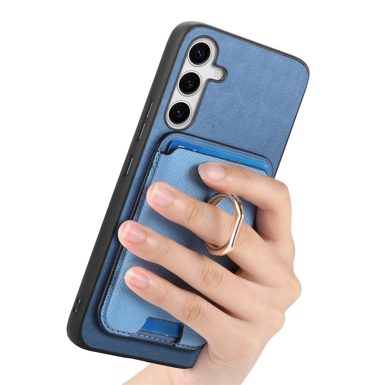 For Samsung Galaxy S25 5G Retro Cross Leather Ring Vertical Insert Card Bag MagSafe Phone Case(Blue) - Galaxy S25 5G Cases by PMC Jewellery | Online Shopping South Africa | PMC Jewellery | Buy Now Pay Later Mobicred