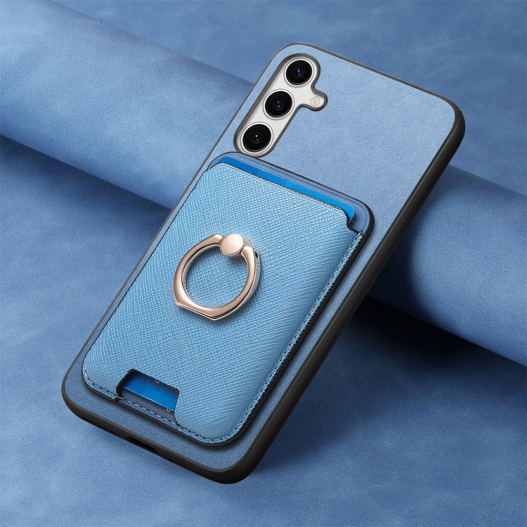 For Samsung Galaxy S25 5G Retro Cross Leather Ring Vertical Insert Card Bag MagSafe Phone Case(Blue) - Galaxy S25 5G Cases by PMC Jewellery | Online Shopping South Africa | PMC Jewellery | Buy Now Pay Later Mobicred