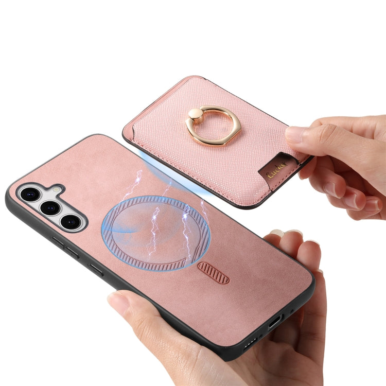 For Samsung Galaxy S25 5G Retro Cross Leather Ring Vertical Insert Card Bag MagSafe Phone Case(Pink) - Galaxy S25 5G Cases by PMC Jewellery | Online Shopping South Africa | PMC Jewellery | Buy Now Pay Later Mobicred