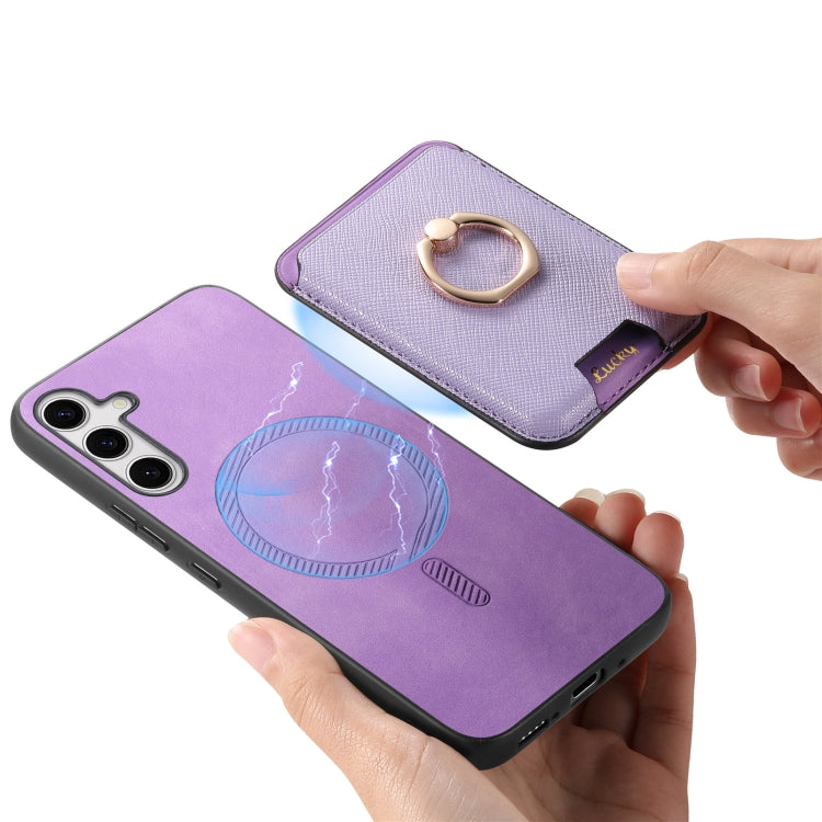 For Samsung Galaxy S25 5G Retro Cross Leather Ring Vertical Insert Card Bag MagSafe Phone Case(Purple) - Galaxy S25 5G Cases by PMC Jewellery | Online Shopping South Africa | PMC Jewellery | Buy Now Pay Later Mobicred