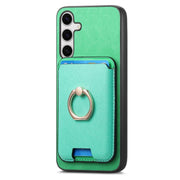 For Samsung Galaxy S25 5G Retro Cross Leather Ring Vertical Insert Card Bag MagSafe Phone Case(Green)