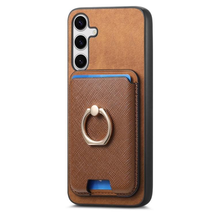 For Samsung Galaxy S25 5G Retro Cross Leather Ring Vertical Insert Card Bag MagSafe Phone Case(Brown) - Galaxy S25 5G Cases by PMC Jewellery | Online Shopping South Africa | PMC Jewellery | Buy Now Pay Later Mobicred