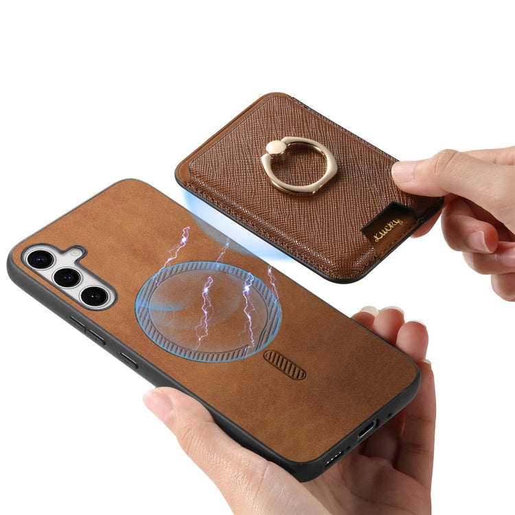 For Samsung Galaxy S25 5G Retro Cross Leather Ring Vertical Insert Card Bag MagSafe Phone Case(Brown) - Galaxy S25 5G Cases by PMC Jewellery | Online Shopping South Africa | PMC Jewellery | Buy Now Pay Later Mobicred