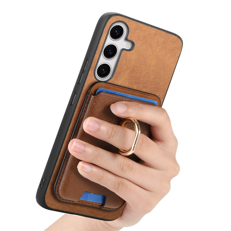 For Samsung Galaxy S25 5G Retro Cross Leather Ring Vertical Insert Card Bag MagSafe Phone Case(Brown) - Galaxy S25 5G Cases by PMC Jewellery | Online Shopping South Africa | PMC Jewellery | Buy Now Pay Later Mobicred