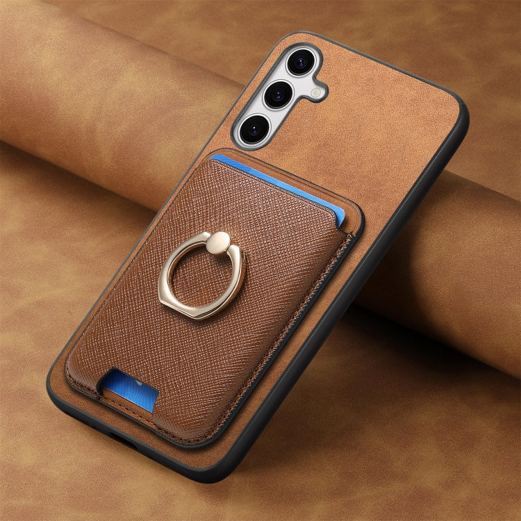 For Samsung Galaxy S25 5G Retro Cross Leather Ring Vertical Insert Card Bag MagSafe Phone Case(Brown) - Galaxy S25 5G Cases by PMC Jewellery | Online Shopping South Africa | PMC Jewellery | Buy Now Pay Later Mobicred