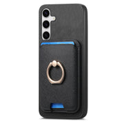 For Samsung Galaxy S25 5G Retro Cross Leather Ring Vertical Insert Card Bag MagSafe Phone Case(Black)