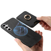 For Samsung Galaxy S25 5G Retro Cross Leather Ring Vertical Insert Card Bag MagSafe Phone Case(Black)