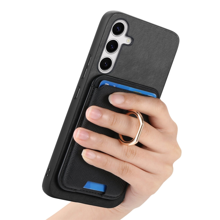 For Samsung Galaxy S25 5G Retro Cross Leather Ring Vertical Insert Card Bag MagSafe Phone Case(Black) - free shipping - PMC Jewellery - Order now!