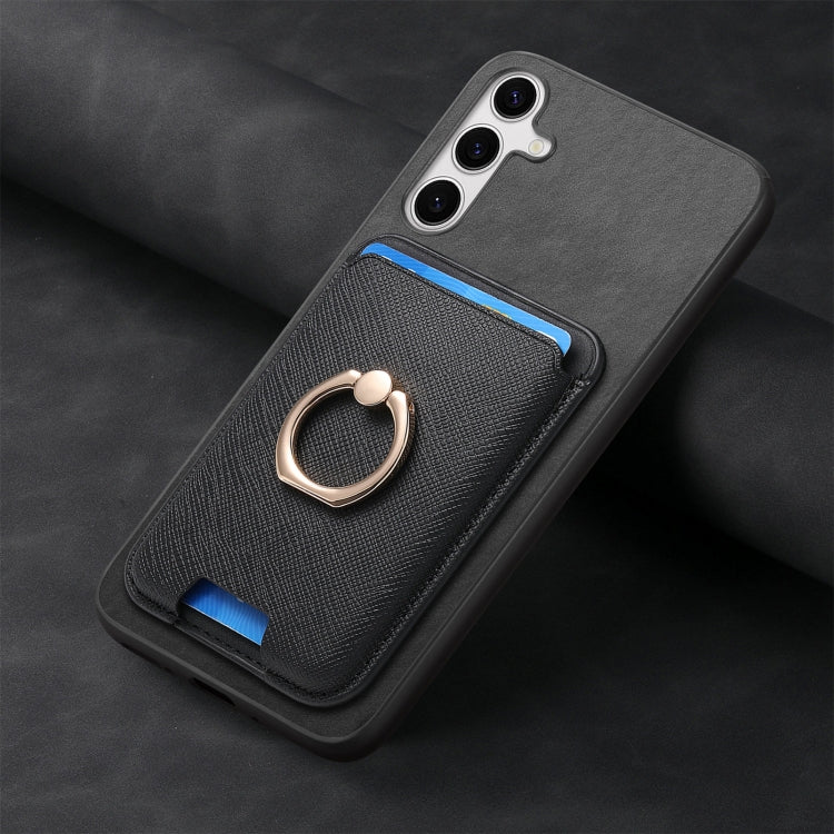 For Samsung Galaxy S25 5G Retro Cross Leather Ring Vertical Insert Card Bag MagSafe Phone Case(Black) - free shipping - PMC Jewellery - Order now!