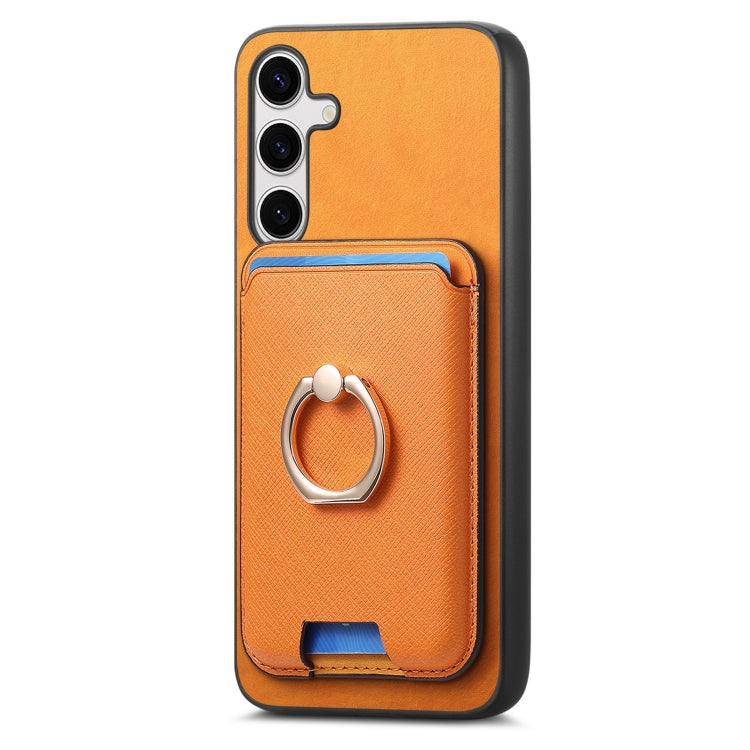 For Samsung Galaxy S25+ 5G Retro Cross Leather Ring Vertical Insert Card Bag MagSafe Phone Case(Yellow) - Galaxy S25+ 5G Cases by PMC Jewellery | Online Shopping South Africa | PMC Jewellery | Buy Now Pay Later Mobicred