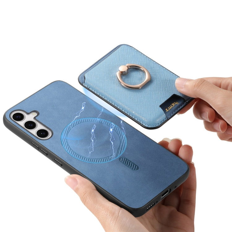 For Samsung Galaxy S25+ 5G Retro Cross Leather Ring Vertical Insert Card Bag MagSafe Phone Case(Blue) - Galaxy S25+ 5G Cases by PMC Jewellery | Online Shopping South Africa | PMC Jewellery | Buy Now Pay Later Mobicred