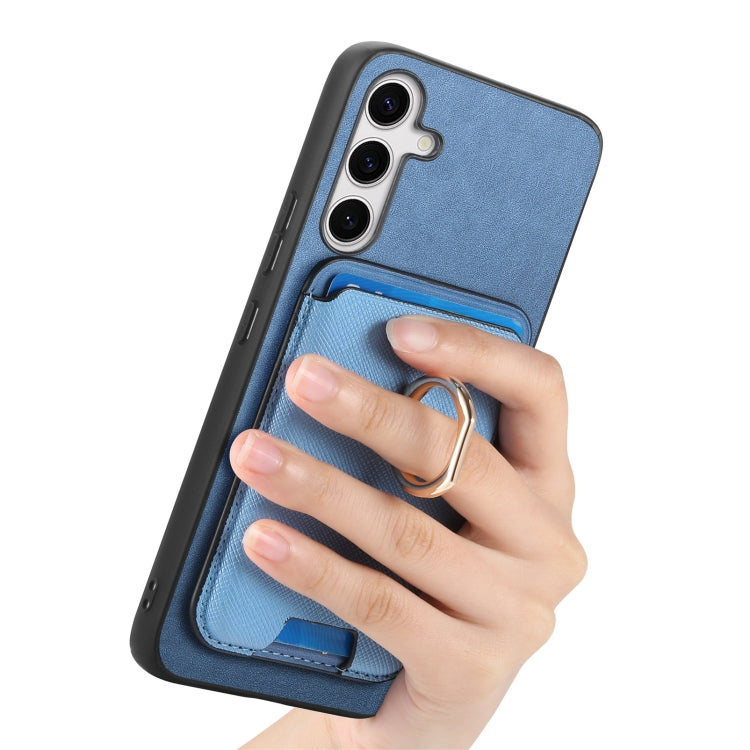 For Samsung Galaxy S25+ 5G Retro Cross Leather Ring Vertical Insert Card Bag MagSafe Phone Case(Blue) - Galaxy S25+ 5G Cases by PMC Jewellery | Online Shopping South Africa | PMC Jewellery | Buy Now Pay Later Mobicred