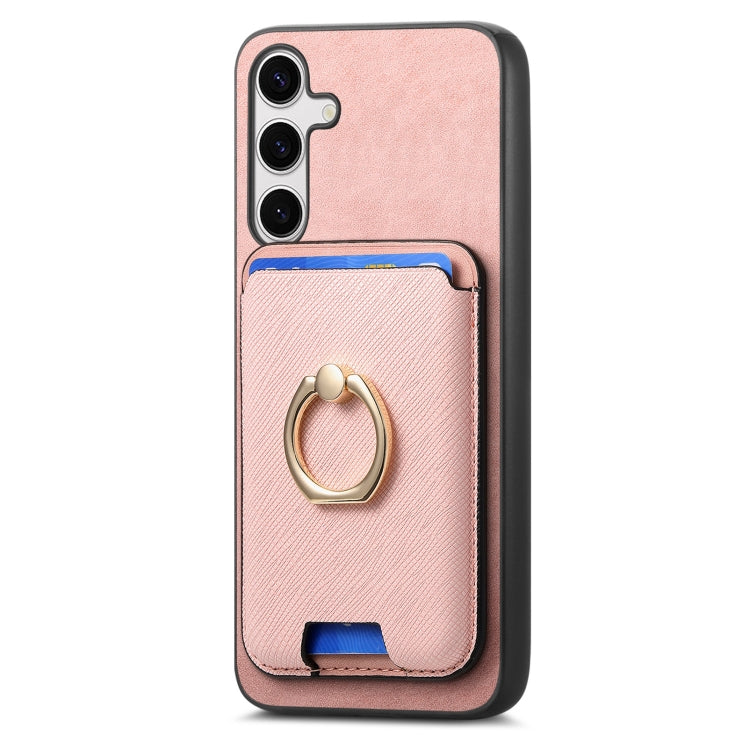 For Samsung Galaxy S25+ 5G Retro Cross Leather Ring Vertical Insert Card Bag MagSafe Phone Case(Pink) - Galaxy S25+ 5G Cases by PMC Jewellery | Online Shopping South Africa | PMC Jewellery | Buy Now Pay Later Mobicred