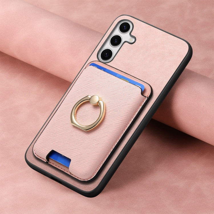 For Samsung Galaxy S25+ 5G Retro Cross Leather Ring Vertical Insert Card Bag MagSafe Phone Case(Pink) - Galaxy S25+ 5G Cases by PMC Jewellery | Online Shopping South Africa | PMC Jewellery | Buy Now Pay Later Mobicred