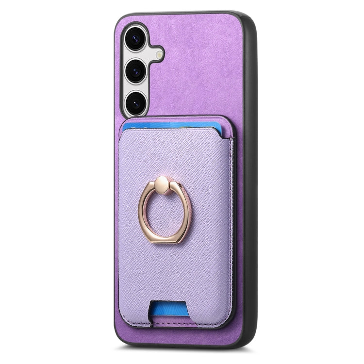 For Samsung Galaxy S25+ 5G Retro Cross Leather Ring Vertical Insert Card Bag MagSafe Phone Case(Purple) - Galaxy S25+ 5G Cases by PMC Jewellery | Online Shopping South Africa | PMC Jewellery | Buy Now Pay Later Mobicred