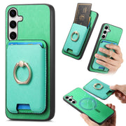 For Samsung Galaxy S25+ 5G Retro Cross Leather Ring Vertical Insert Card Bag MagSafe Phone Case(Green)