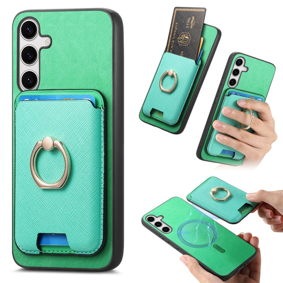 For Samsung Galaxy S25+ 5G Retro Cross Leather Ring Vertical Insert Card Bag MagSafe Phone Case(Green)