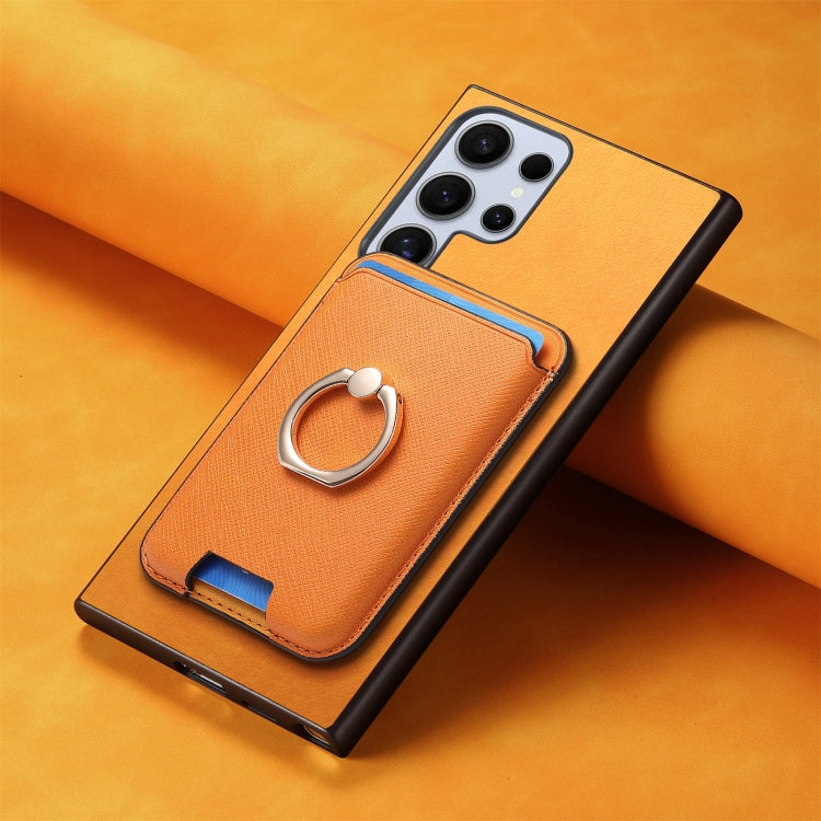 For Samsung Galaxy S25 Ultra 5G Retro Cross Leather Ring Vertical Insert Card Bag MagSafe Phone Case(Yellow) - Galaxy S25 Ultra 5G Cases by PMC Jewellery | Online Shopping South Africa | PMC Jewellery | Buy Now Pay Later Mobicred