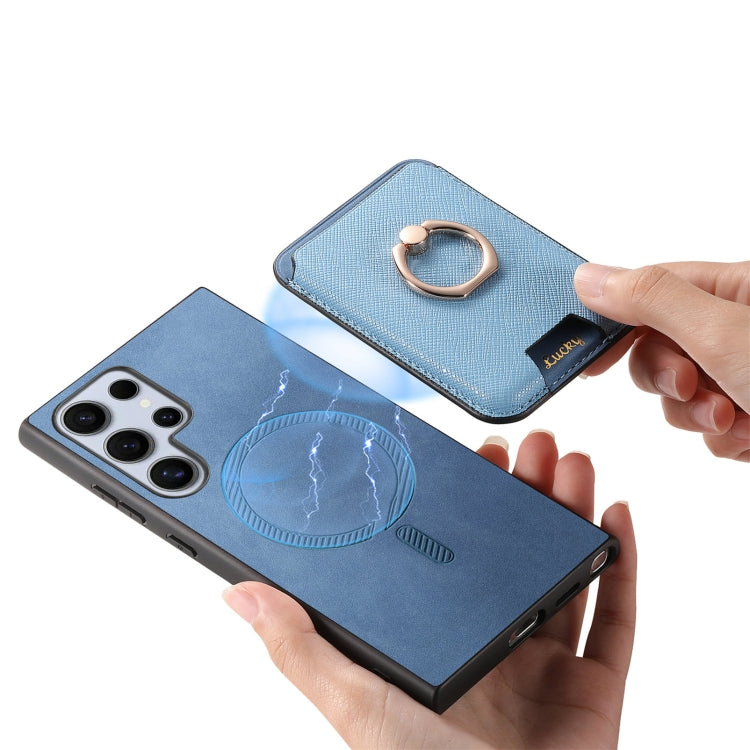 For Samsung Galaxy S25 Ultra 5G Retro Cross Leather Ring Vertical Insert Card Bag MagSafe Phone Case(Blue) - Galaxy S25 Ultra 5G Cases by PMC Jewellery | Online Shopping South Africa | PMC Jewellery | Buy Now Pay Later Mobicred