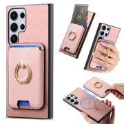 For Samsung Galaxy S25 Ultra 5G Retro Cross Leather Ring Vertical Insert Card Bag MagSafe Phone Case(Pink)
