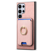 For Samsung Galaxy S25 Ultra 5G Retro Cross Leather Ring Vertical Insert Card Bag MagSafe Phone Case(Pink)