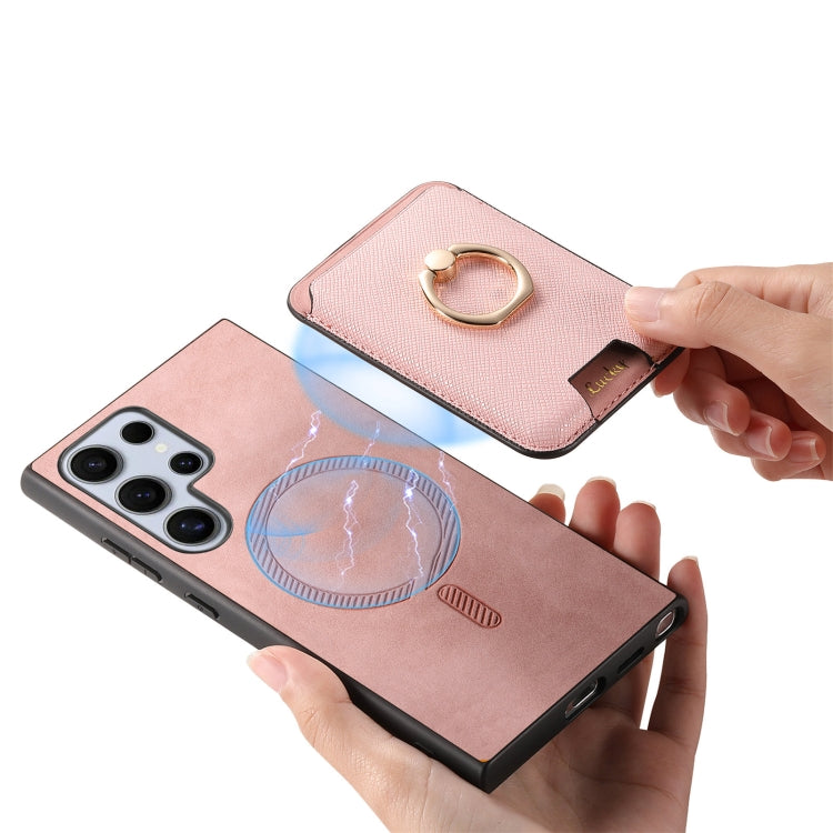 For Samsung Galaxy S25 Ultra 5G Retro Cross Leather Ring Vertical Insert Card Bag MagSafe Phone Case(Pink)