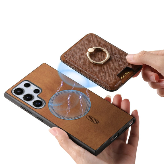 For Samsung Galaxy S25 Ultra 5G Retro Cross Leather Ring Vertical Insert Card Bag MagSafe Phone Case(Brown)