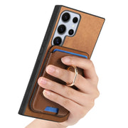 For Samsung Galaxy S25 Ultra 5G Retro Cross Leather Ring Vertical Insert Card Bag MagSafe Phone Case(Brown)